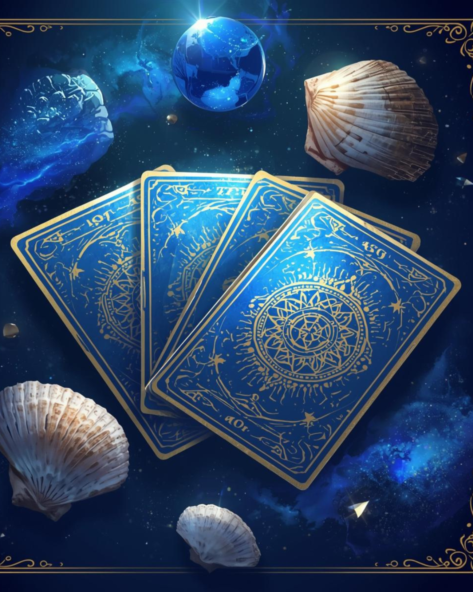 Imagem com cartas e búzios em azul e dourado